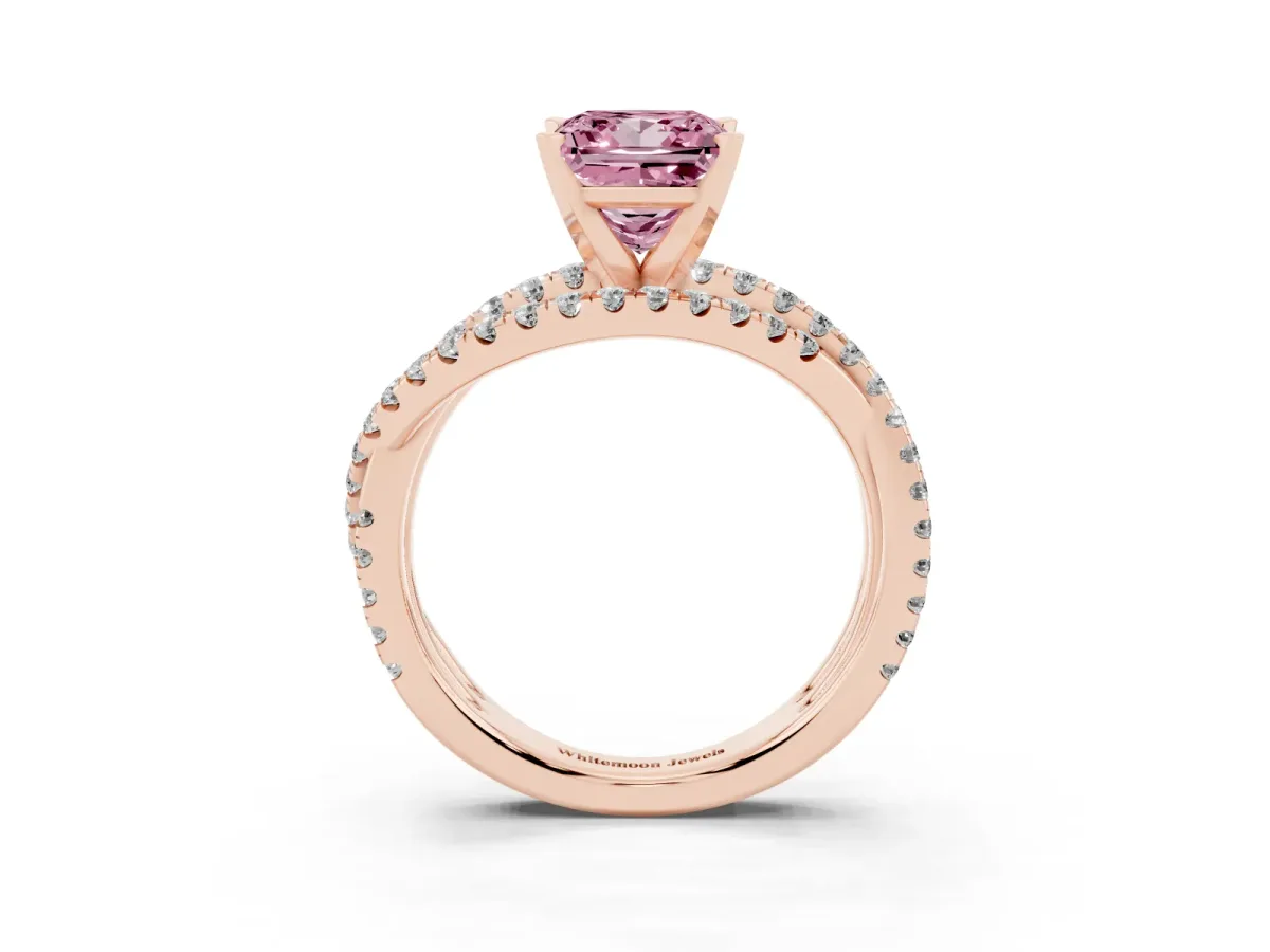 Fancy Pink Princess Cut Solitaire Twist Band with Pavé Setting and Four-Prong Setting Rose gold