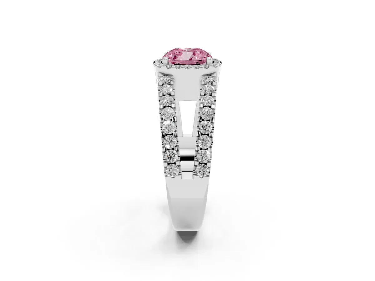 Fancy Pink Cushion Cut Cut Halo Split Shank Diamond Ring with Four-Prong Setting Silver