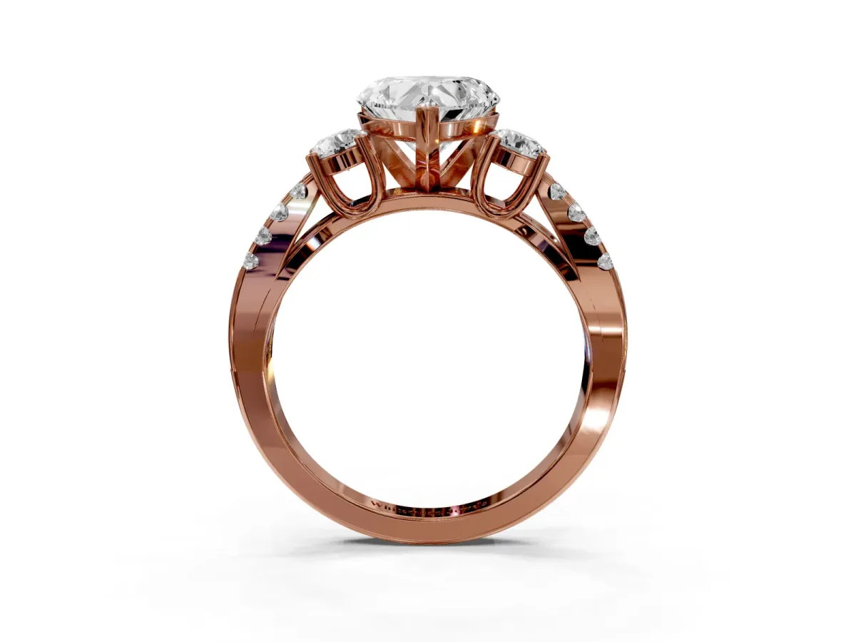 Heart Cut Diamond Three-Stone Ring with Pavé Split Shank and Four-Prong Setting Rose gold