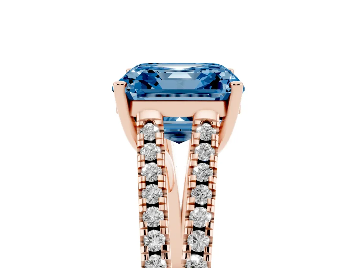 Fancy Blue Asscher Cut Diamond Solitaire Engagement Ring with Split Shank Pavé Band Rose gold