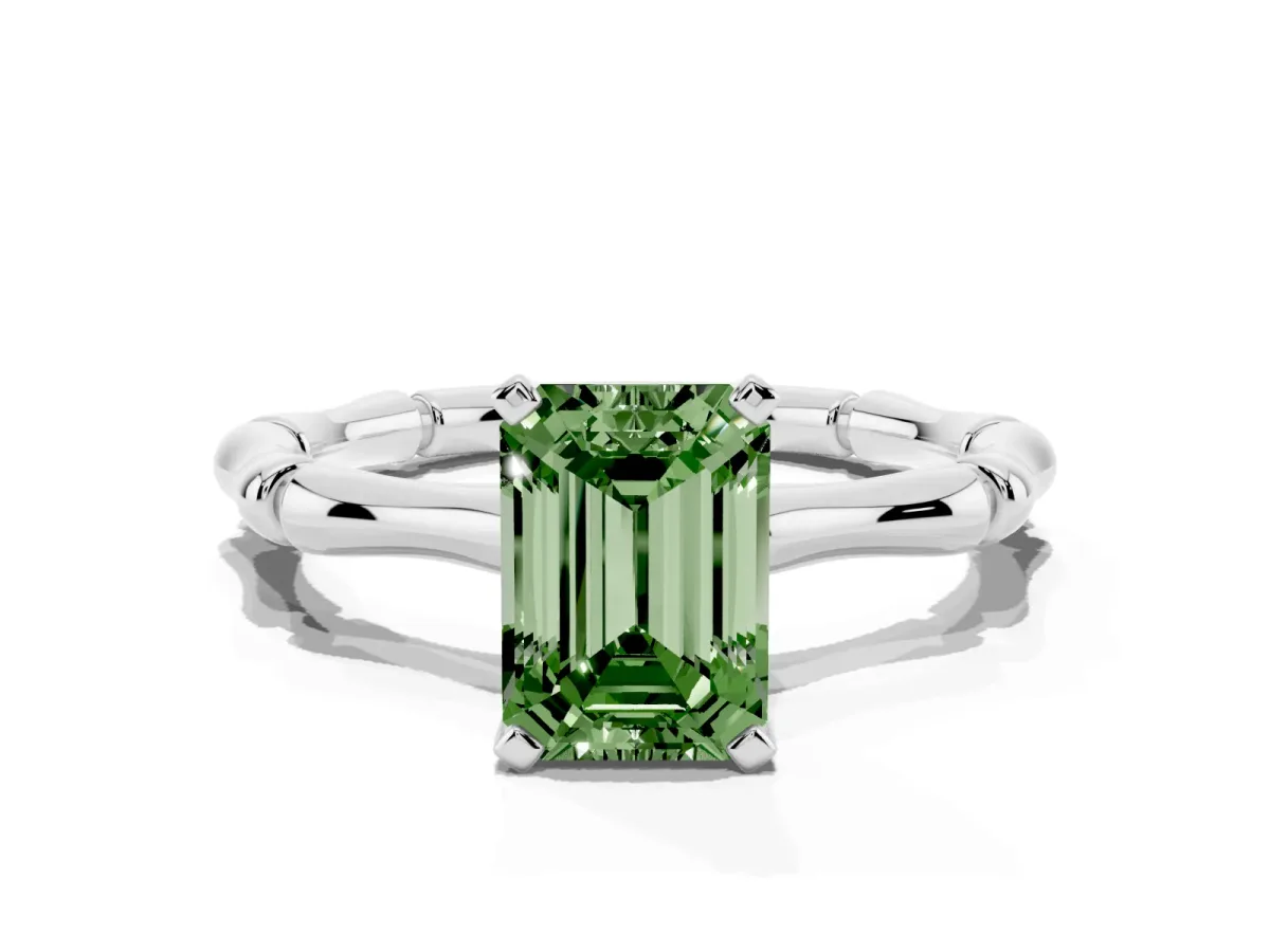 Fancy Green Emerald Cut Solitaire Diamond Ring with Bamboo Band and Four-Prong Setting Silver
