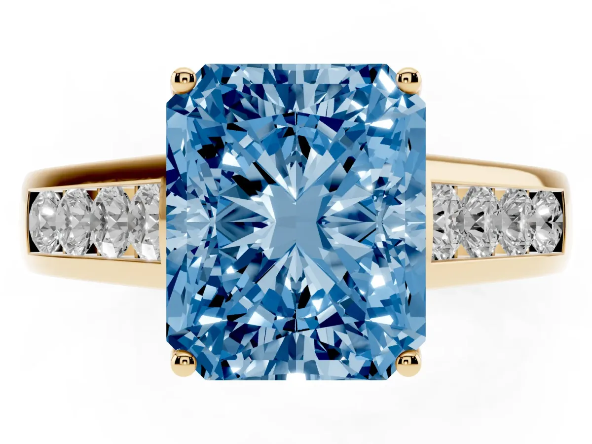 Fancy Blue Radiant Cut Solitaire Channel-Set Diamond Engagement Ring with Four-Prong Setting Yellow gold