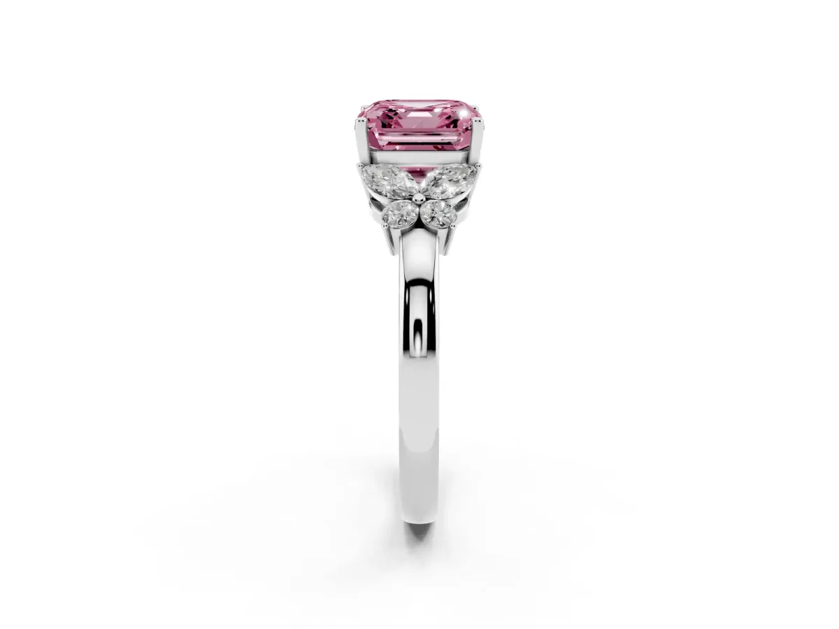 Fancy Pink Asscher Cut Cut Solitaire Floral Diamond Ring with Four-Prong Setting Silver
