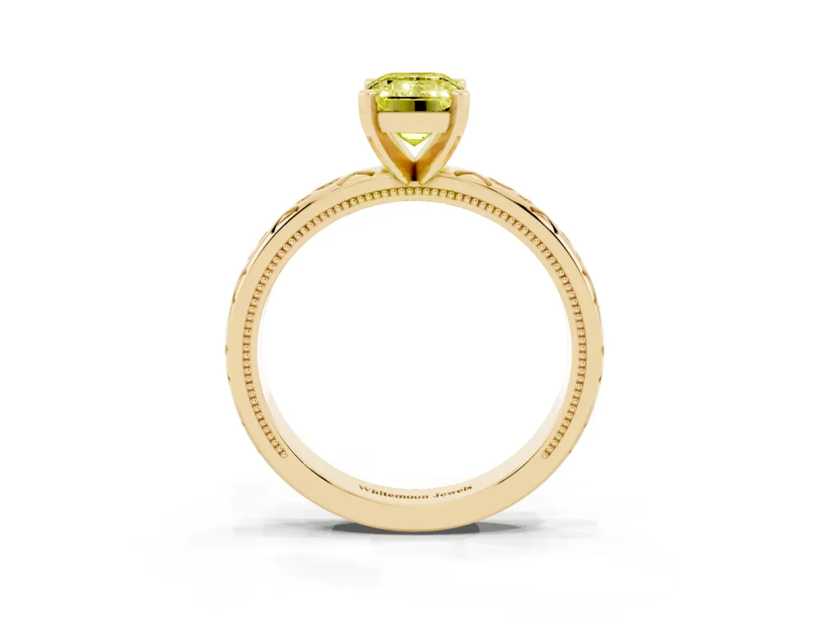 Fancy Yellow Emerald Cut Solitaire Engagement Ring with Scrollwork Band and Four-Prong Setting Yellow gold