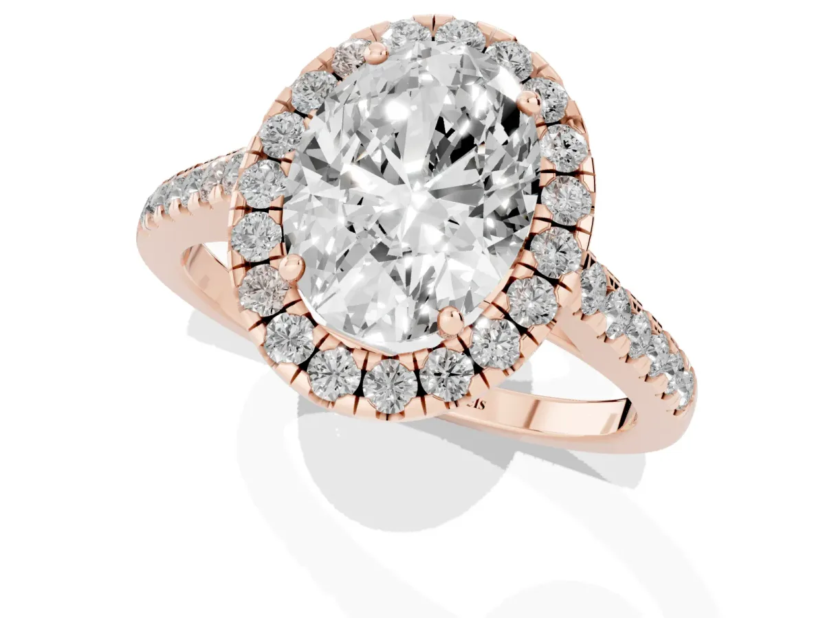 Oval Cut Halo Pave Diamond Engagement Ring with Four-Prong Setting Rose gold