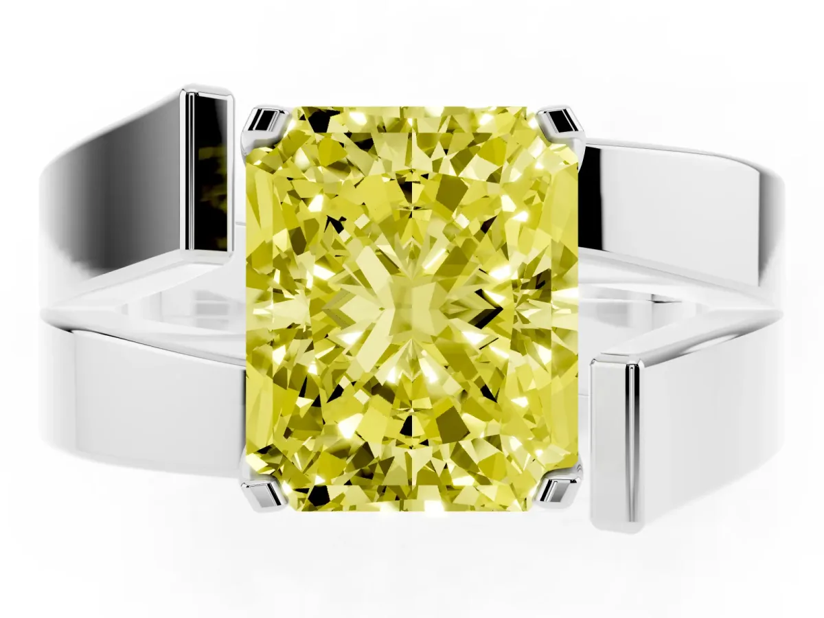 Fancy Yellow Modern Tension Set Radiant Cut Diamond Solitaire Wide Band Ring Silver