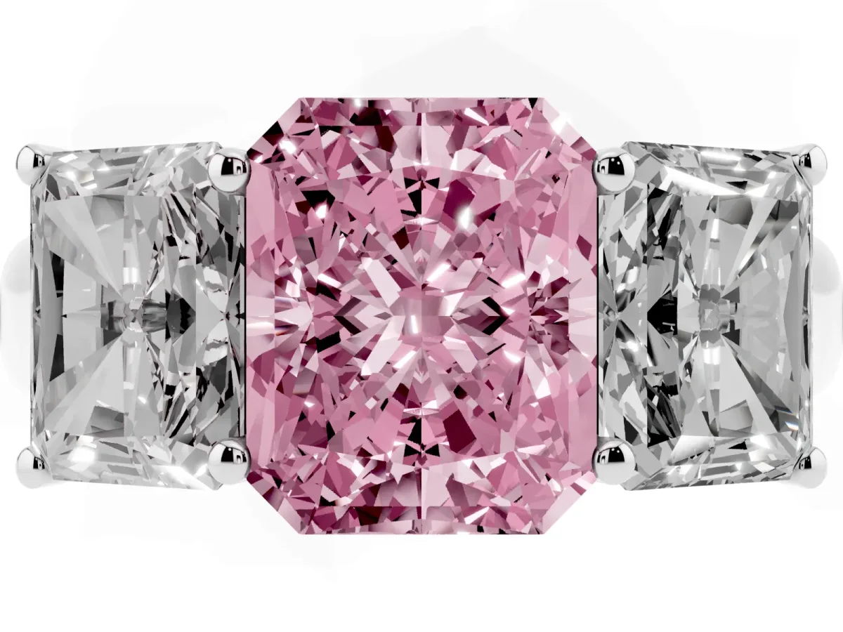 Fancy Pink Radiant Cut Three-Stone Diamond Ring with Prong Setting on a Classic Band Silver