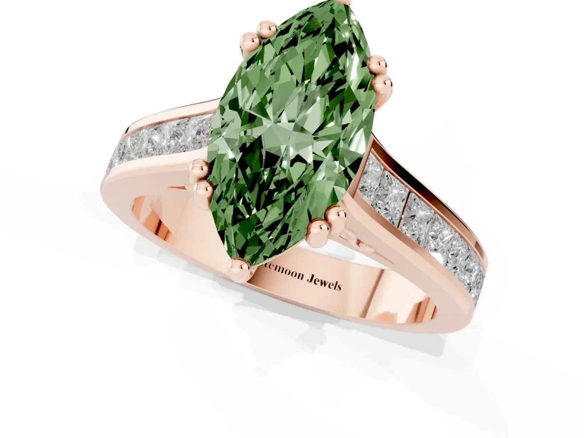 Fancy Green Marquise Cut Cut Channel Set Solitaire Engagement Ring with Prong Setting Rose gold