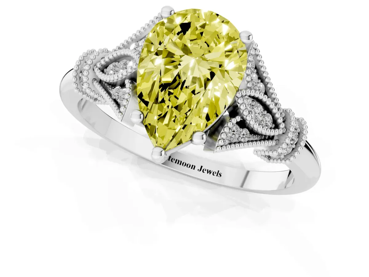 Fancy Yellow Pear Cut Diamond Solitaire Ring with Floral Filigree and Pave Accents Platinum