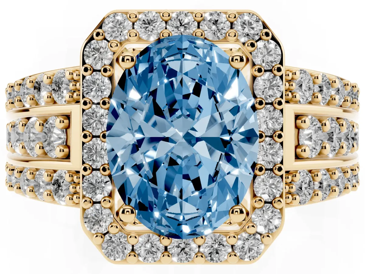 Fancy Blue Oval Cut Halo Diamond Ring with Round Split Shank and Prong Setting Yellow gold