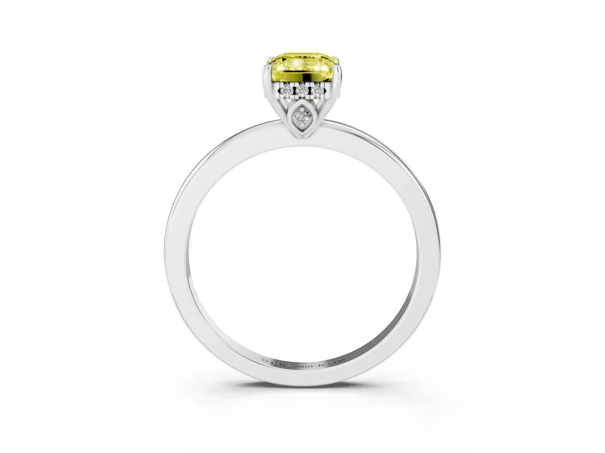 Fancy Yellow Emerald Cut Solitaire Diamond Ring with Prong Setting and Plain Band Silver