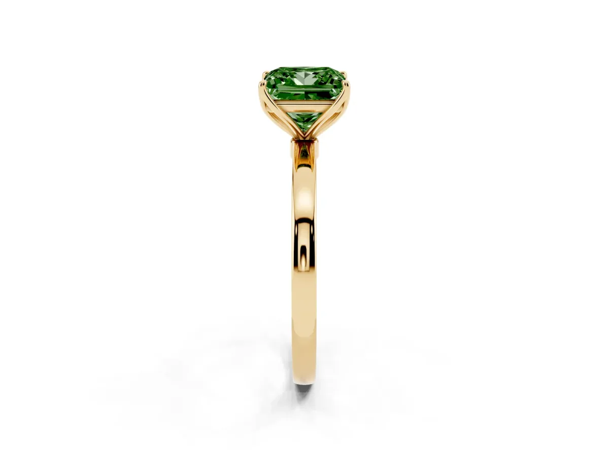 Fancy Green Princess Cut Diamond Solitaire Ring with Thin Band and Prong Setting Yellow gold