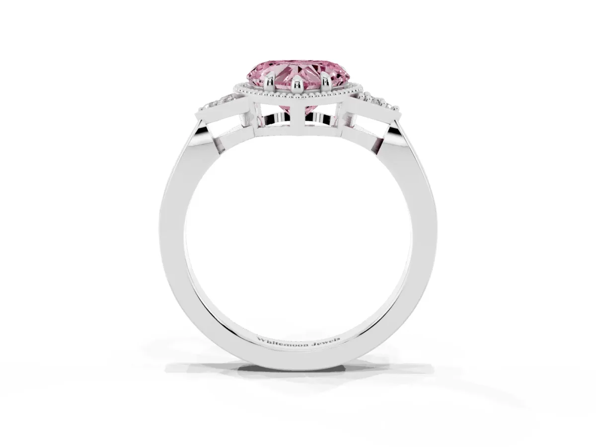 Fancy Pink Heart Cut Diamond Halo Ring with Tapered Band and Four-Prong Setting Platinum