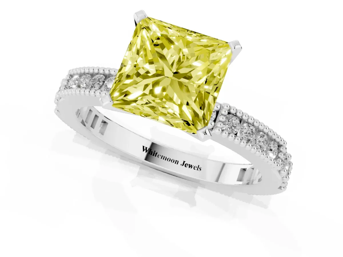 Fancy Yellow Princess Cut Solitaire with Pavé Band and Four-Prong Setting Silver
