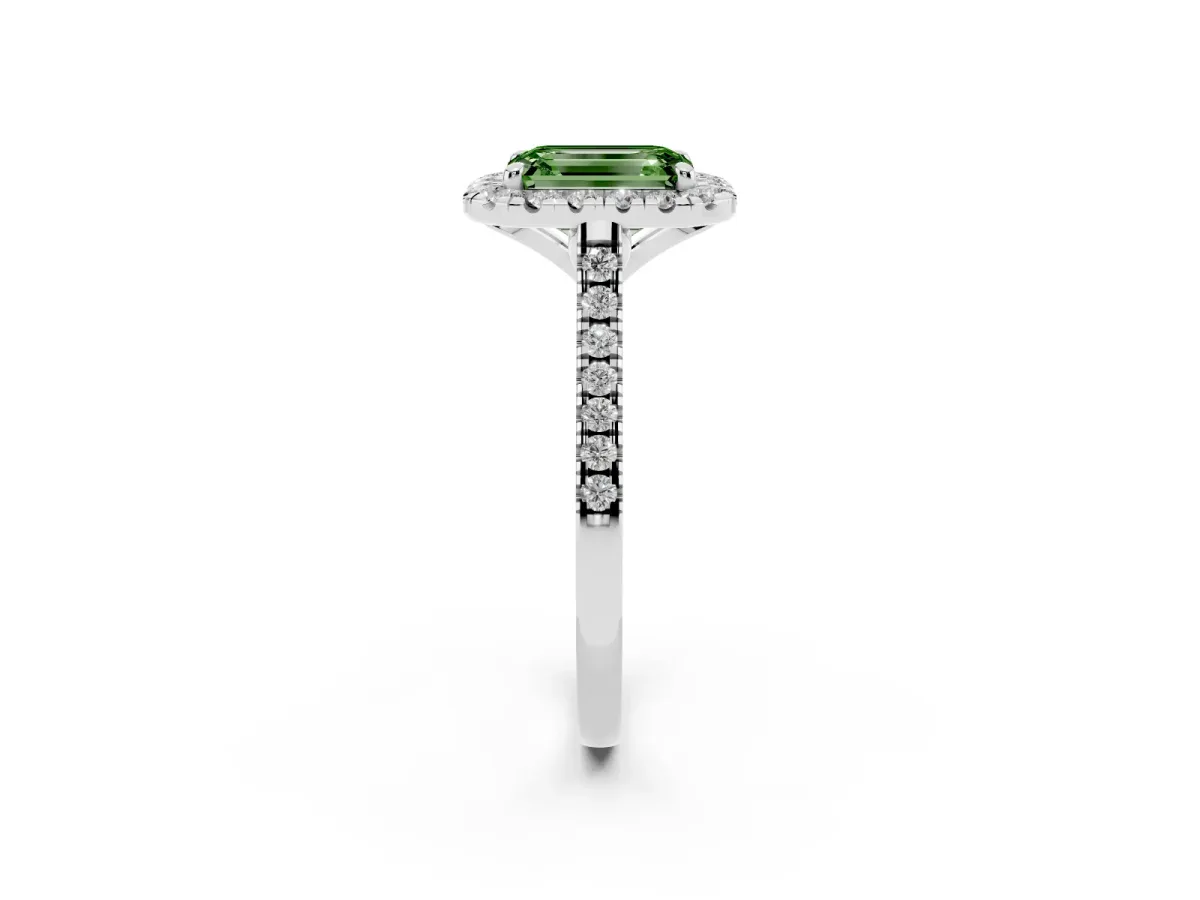 Fancy Green Emerald Cut Diamond Cushion Halo Ring with Pavé Band Silver