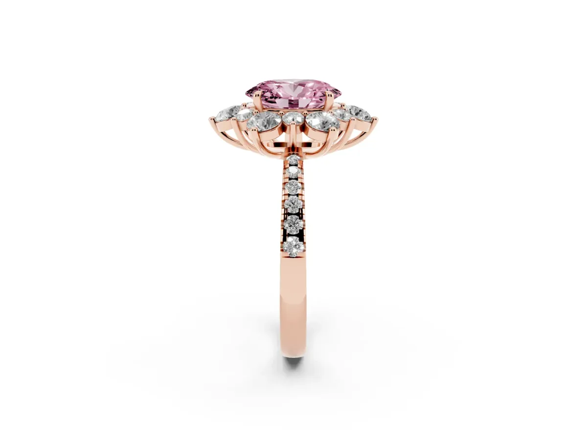 Fancy Pink Oval Cut Diamond Floral Halo Ring with Round Pavé Band and Prong Setting Rose gold