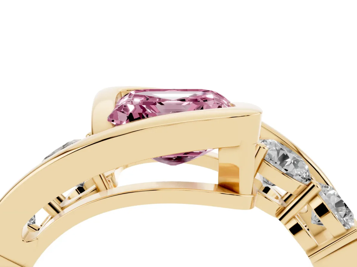 Fancy Pink Bezel Set Asscher Cut Diamond Bypass Ring with Round Accents Yellow gold