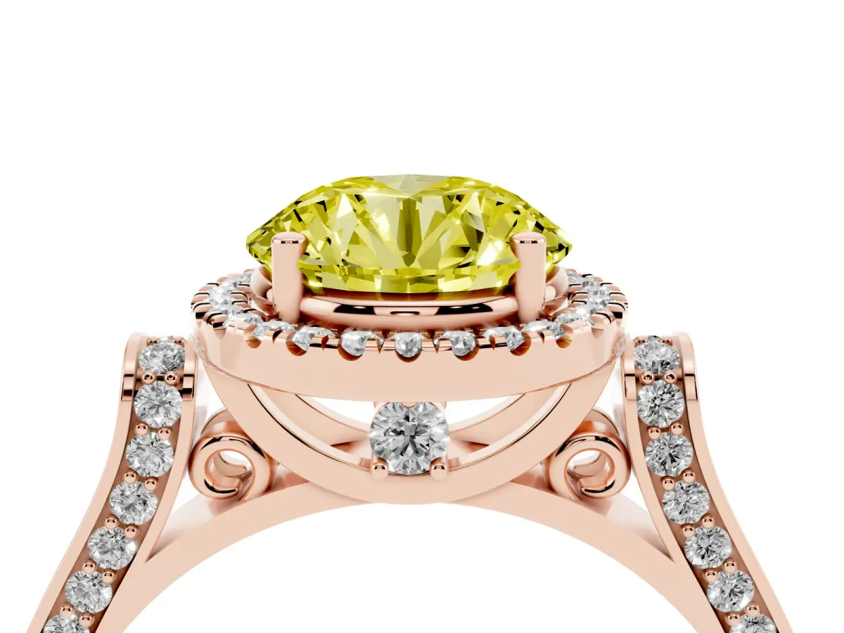 Fancy Yellow Round Cut Halo Pave Split Shank Prong Setting Ring Rose gold