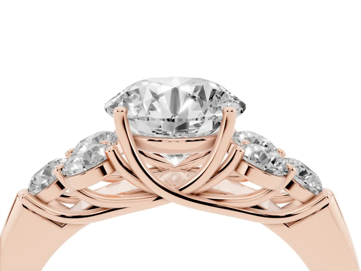 Round Cut Cut Diamond Cluster Ring with Round Accent Stones and Prong Setting on a Classic Band Rose gold