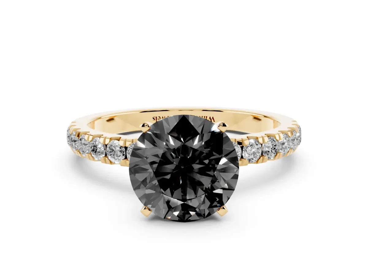 Fancy Black Round Cut Diamond Solitaire Ring with Pavé Accents and Four-Prong Setting Yellow gold