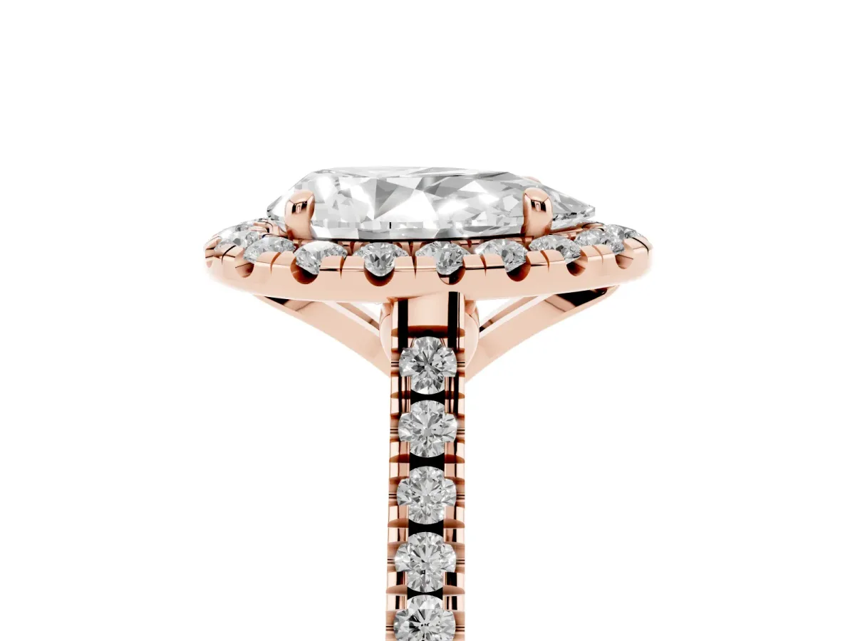 Pear Cut Diamond Cushion Halo Ring with Pavé Band Rose gold