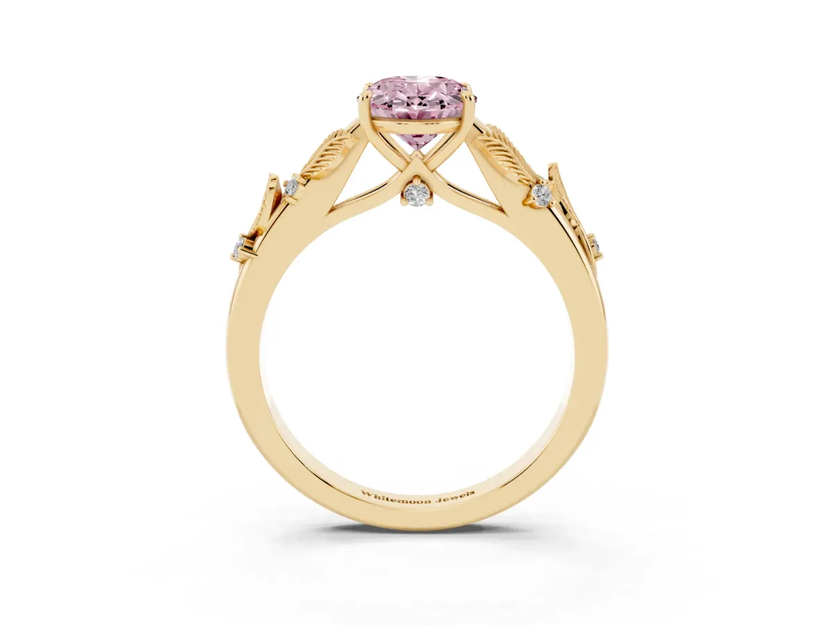 Fancy Pink Oval Cut Diamond Solitaire Ring with Leaf Motif Band and Four-Prong Setting Yellow gold