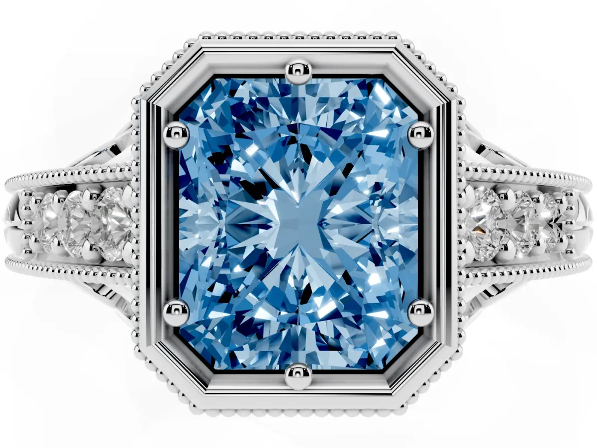 Fancy Blue Bezel Set Radiant Cut Diamond Milgrain Pave Engagement Ring Silver