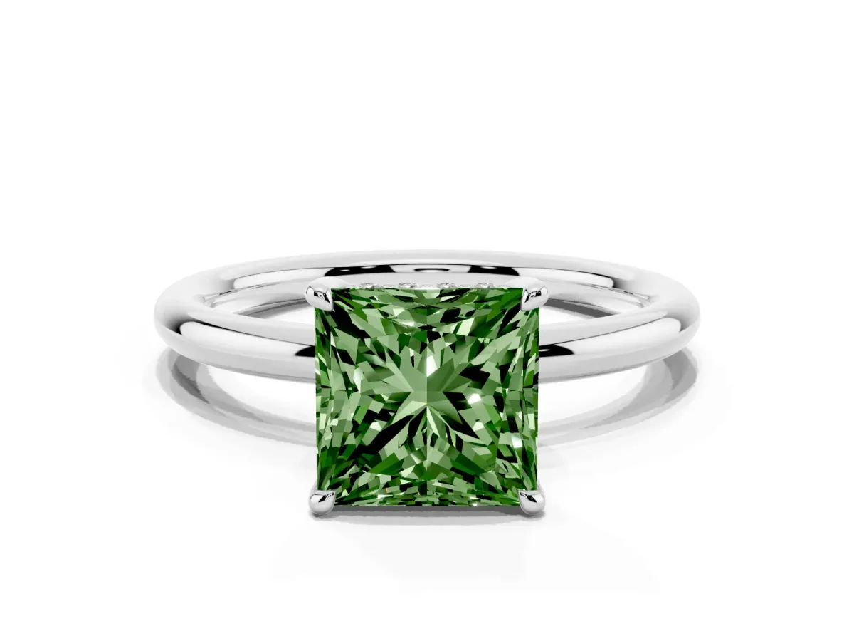 Fancy Green Princess Cut Diamond Solitaire Ring with Thin Band and Four-Prong Setting Silver