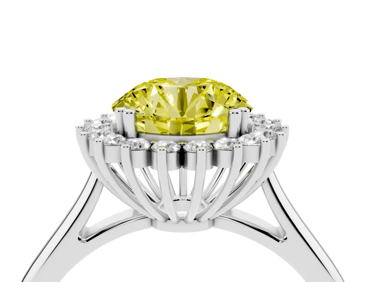 Fancy Yellow Round Cut Cut Diamond Halo Ring with Solitaire Band and Prong Setting Silver