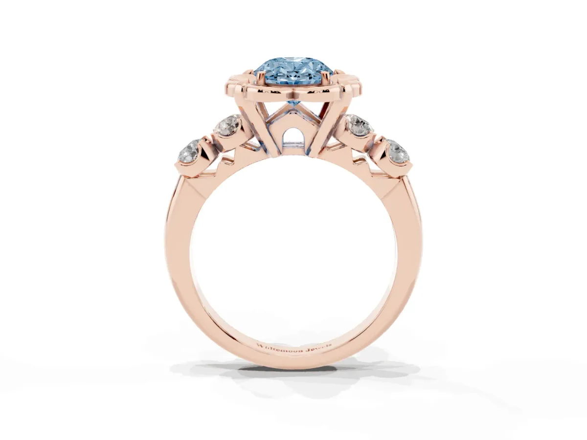 Fancy Blue Oval Cut Cut Diamond Floral Halo Engagement Ring with Shared Prong Setting Rose gold