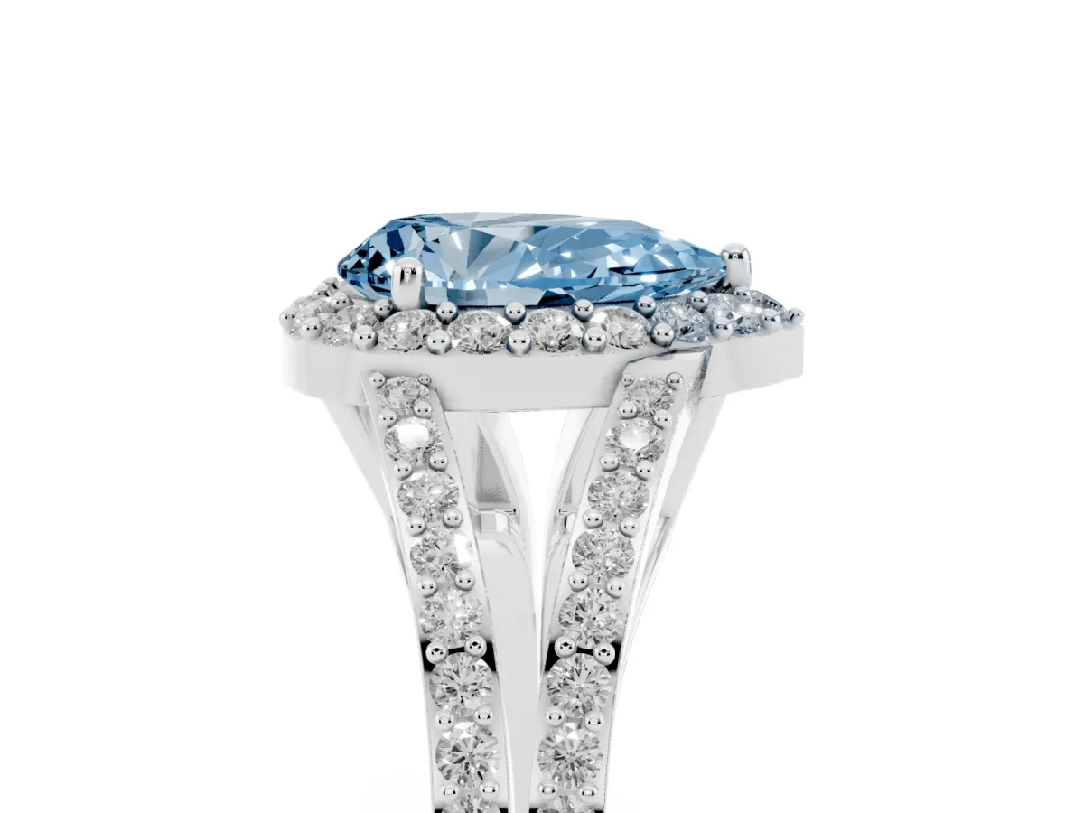Fancy Blue Pear Cut Halo Split Shank Pave Diamond Ring with Four-Prong Setting Platinum