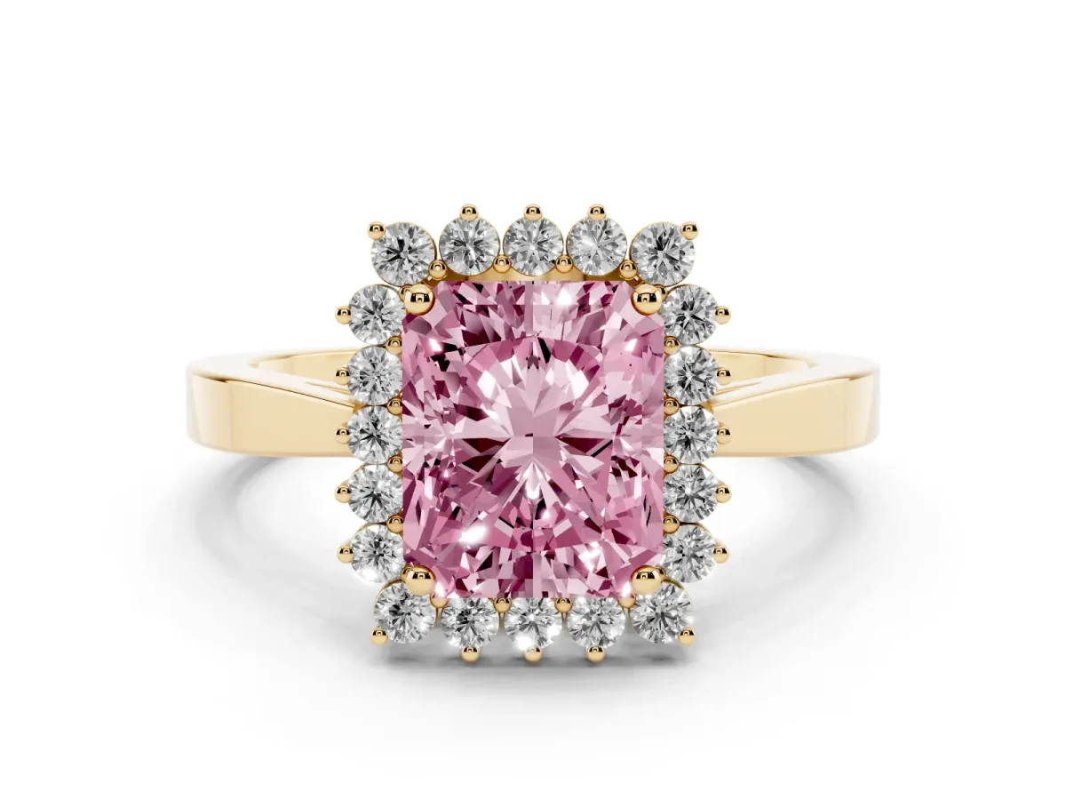 Fancy Pink Radiant Cut Cut Diamond Halo Ring with Round Brilliant Halo and Solitaire Band Yellow gold
