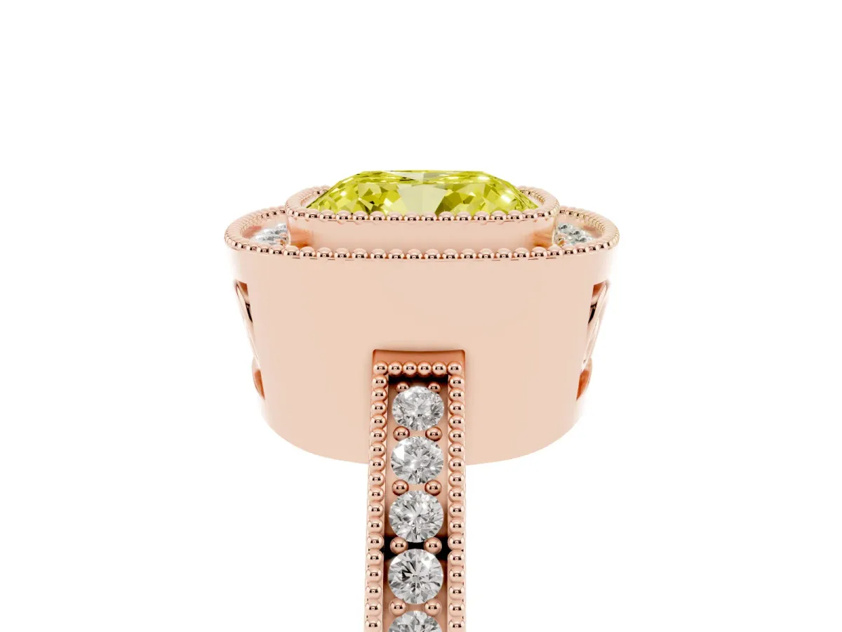 Fancy Yellow Cushion Cut Cut Halo Diamond Ring with Pavé Band and Milgrain Prong Setting Rose gold