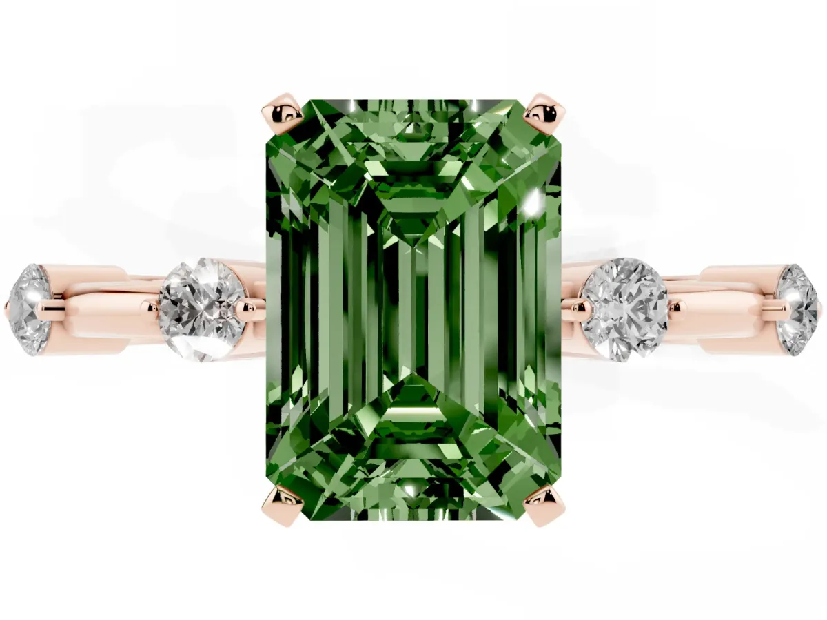 Fancy Green Emerald Cut Solitaire Diamond Ring with Bezel Set Side Stones and Prong Setting Rose gold