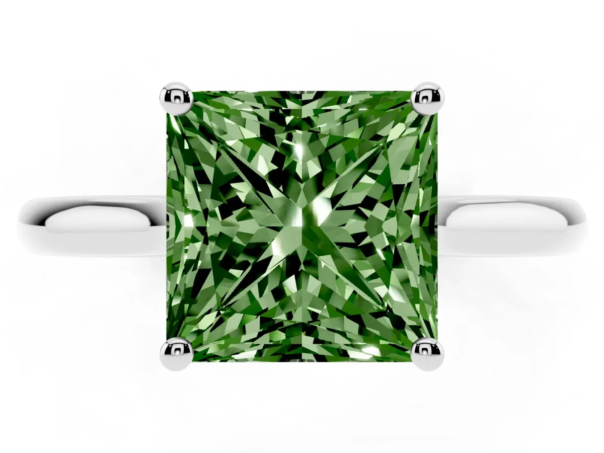 Fancy Green Princess Cut Cut Solitaire Ring with Cathedral Band and Four-Prong Setting Silver