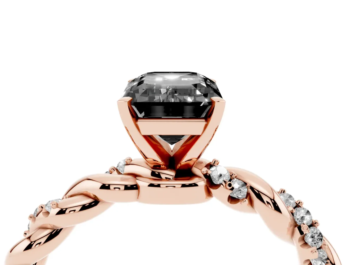 Fancy Black Emerald Cut Diamond Solitaire Ring with Twisted Band and Pavé Accents Rose gold