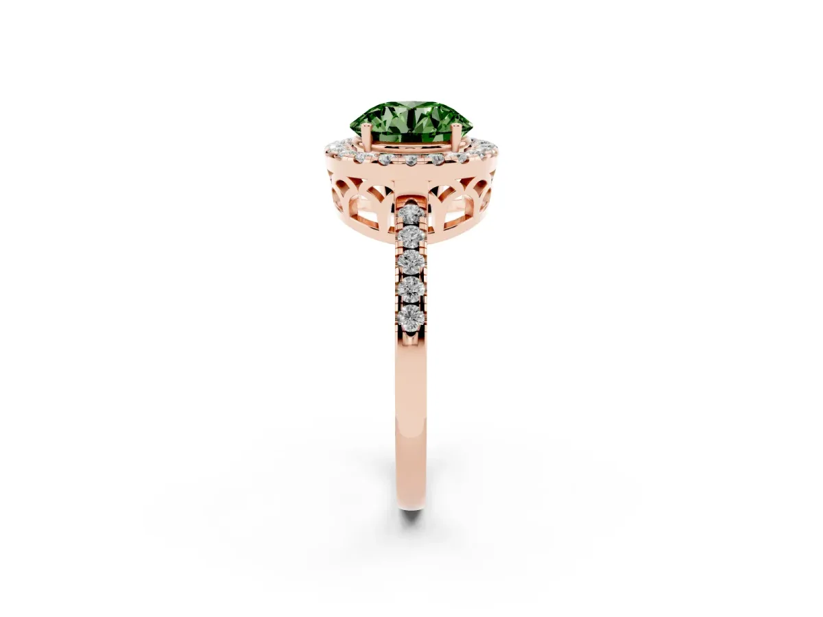 Fancy Green Round Cut Halo Diamond Engagement Ring with Pavé Band and Four-Prong Setting Rose gold