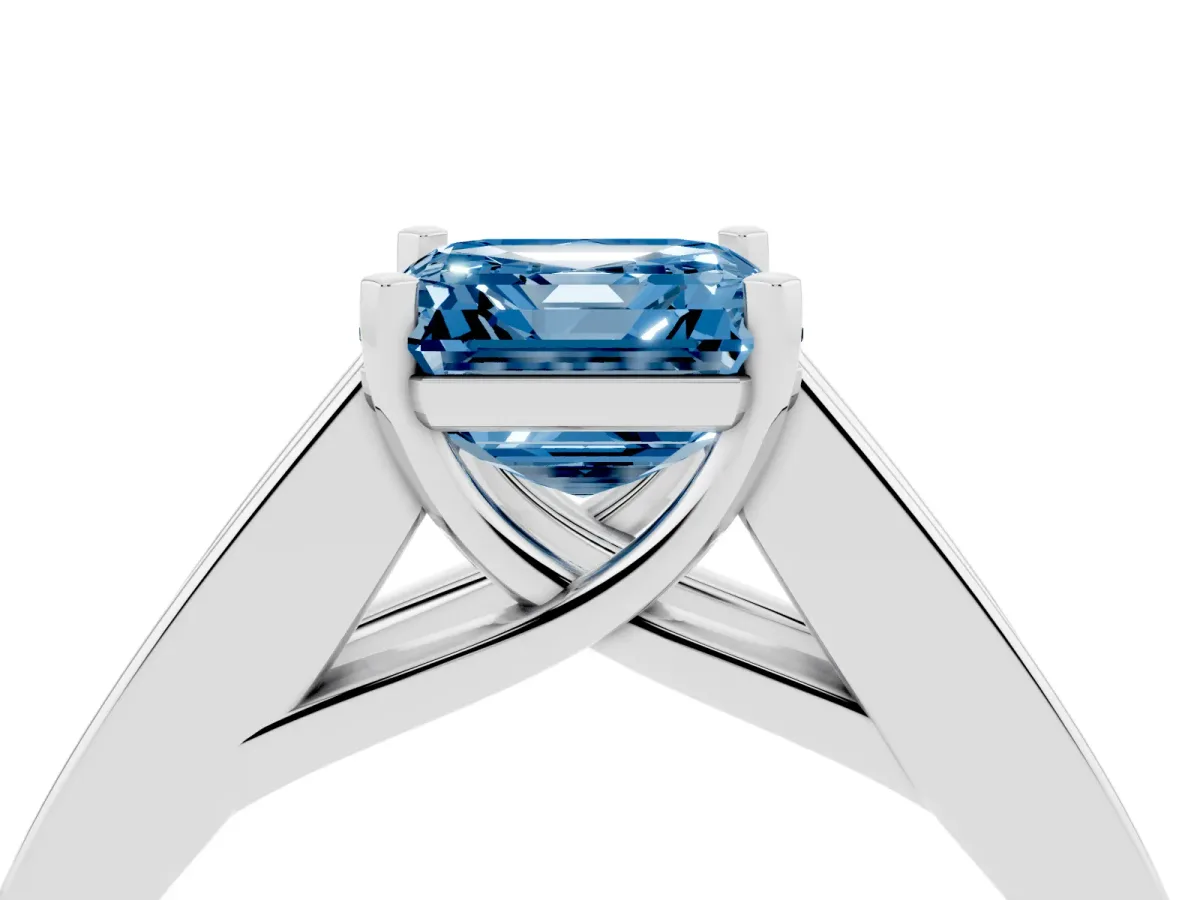 Fancy Blue Asscher Cut Cut Channel Set Solitaire Ring with Four-Prong Setting Silver