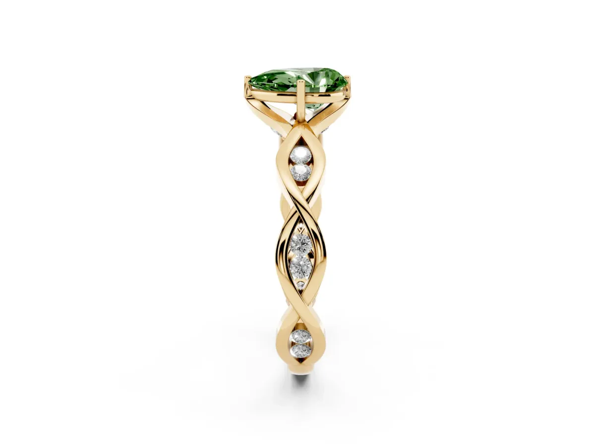 Fancy Green Pear Cut Solitaire Twist Band with Leaf Prong Setting Yellow gold