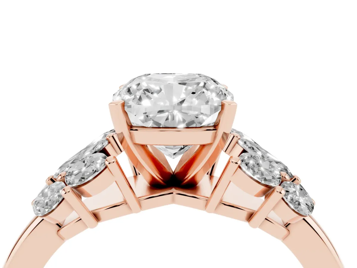 Cushion Cut Diamond Cluster Leaf Design Ring with Prong Setting Rose gold