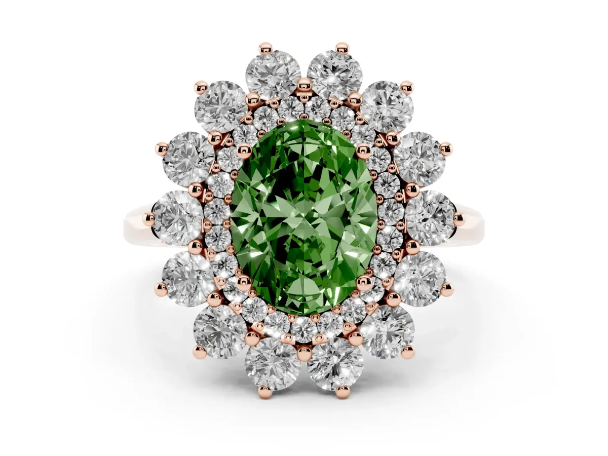 Fancy Green Oval Cut Diamond Floral Double Halo Engagement Ring with Prong Setting Rose gold
