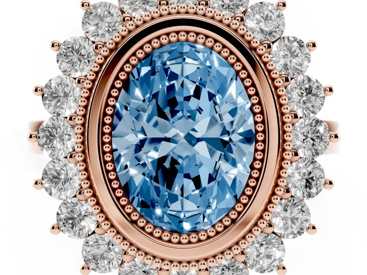Fancy Blue Oval Cut Halo Diamond Ring with Milgrain Edge and Round Prong Setting Rose gold