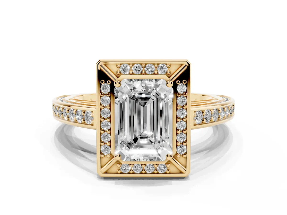 Emerald Cut Cut Halo Pave Split Shank Prong Setting Ring Yellow gold