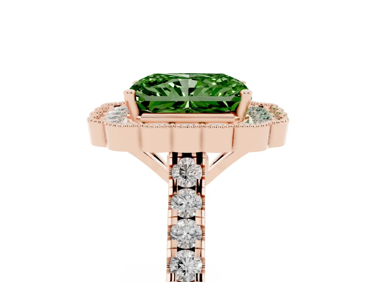 Fancy Green Radiant Cut Cut Diamond Milgrain Floral Halo Engagement Ring with Pavé Band Rose gold