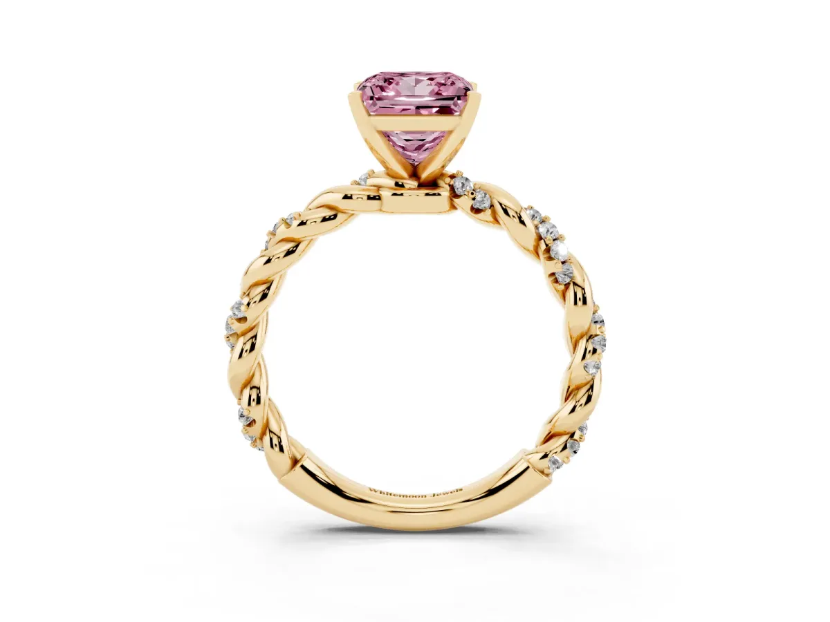 Fancy Pink Princess Cut Diamond Solitaire Ring with Twisted Band and Pavé Accents Yellow gold