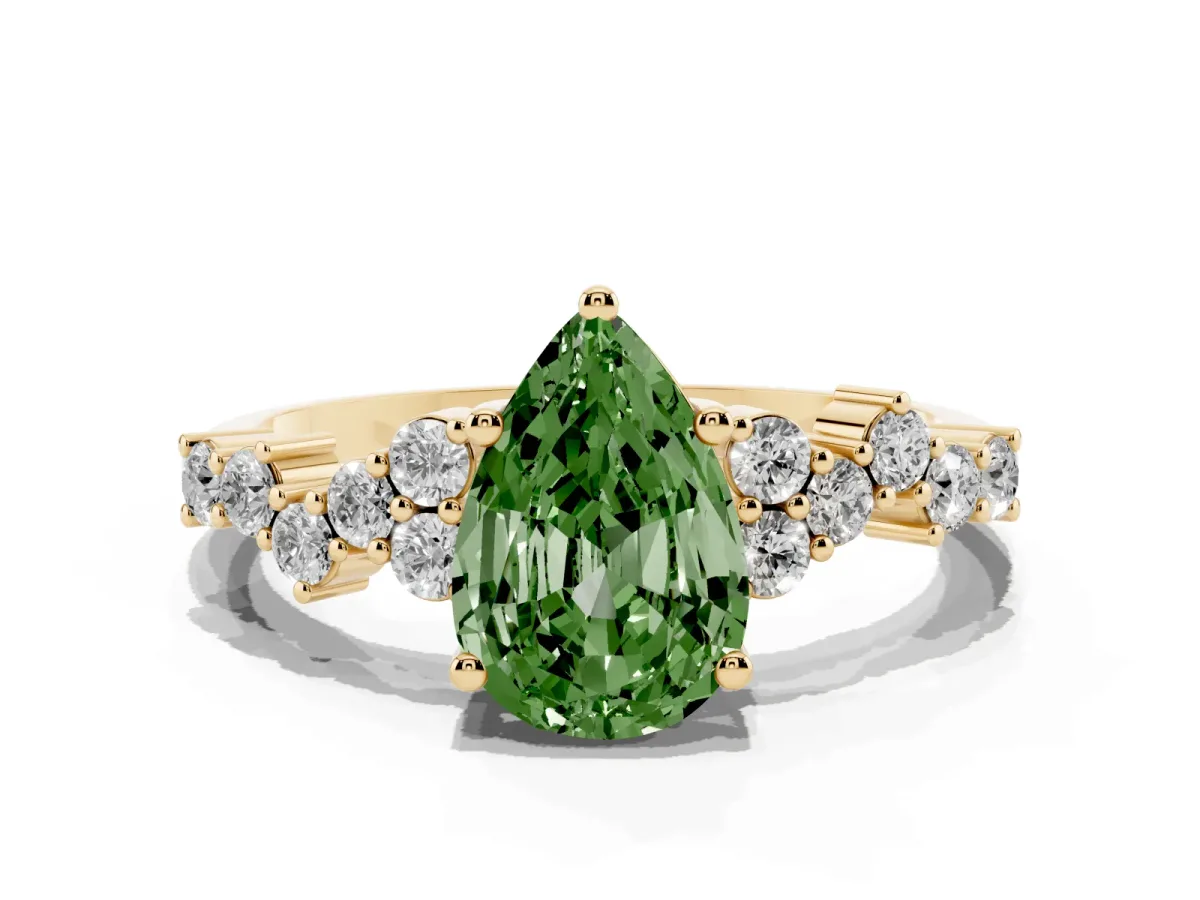 Fancy Green Pear Cut Diamond Scattered Round Accent Ring with Prong Setting Yellow gold