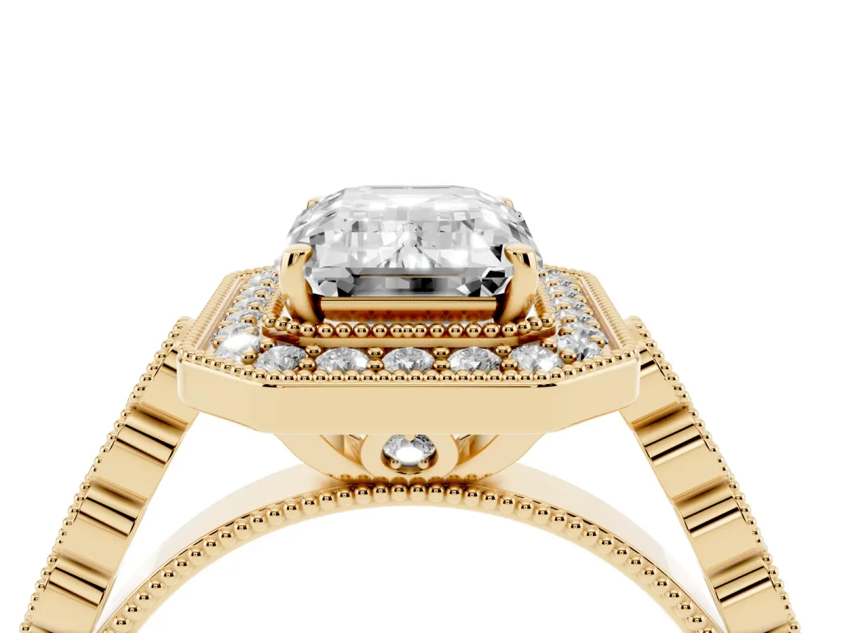 Emerald Cut Halo Milgrain Solitaire with Bezel Set Side Stones and Pave Band Yellow gold