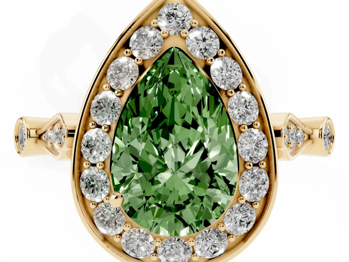 Fancy Green Pear Cut Halo Diamond Engagement Ring with Twisted Band and Four-Prong Setting Yellow gold