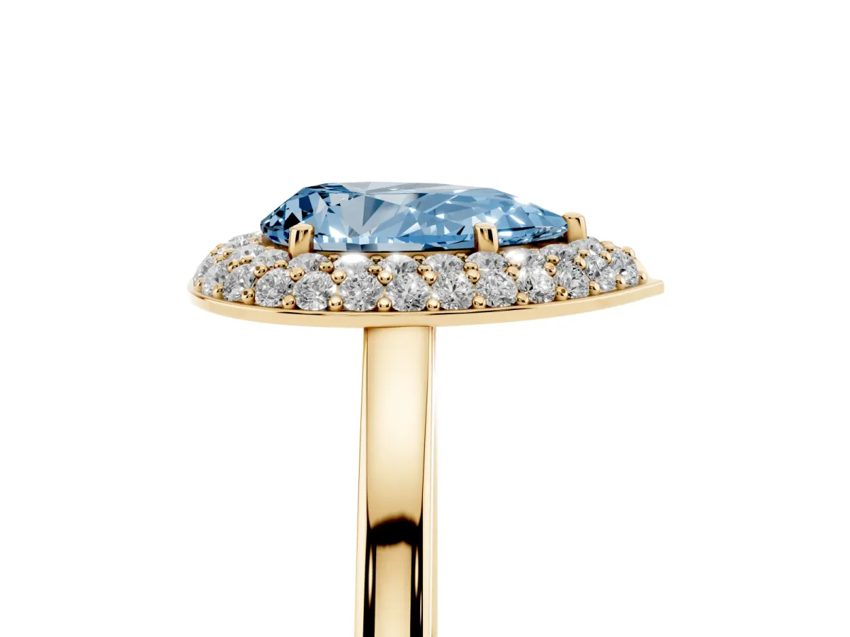 Fancy Blue Pear Cut Halo Diamond Engagement Ring with Solitaire Band and Four-Prong Setting Yellow gold