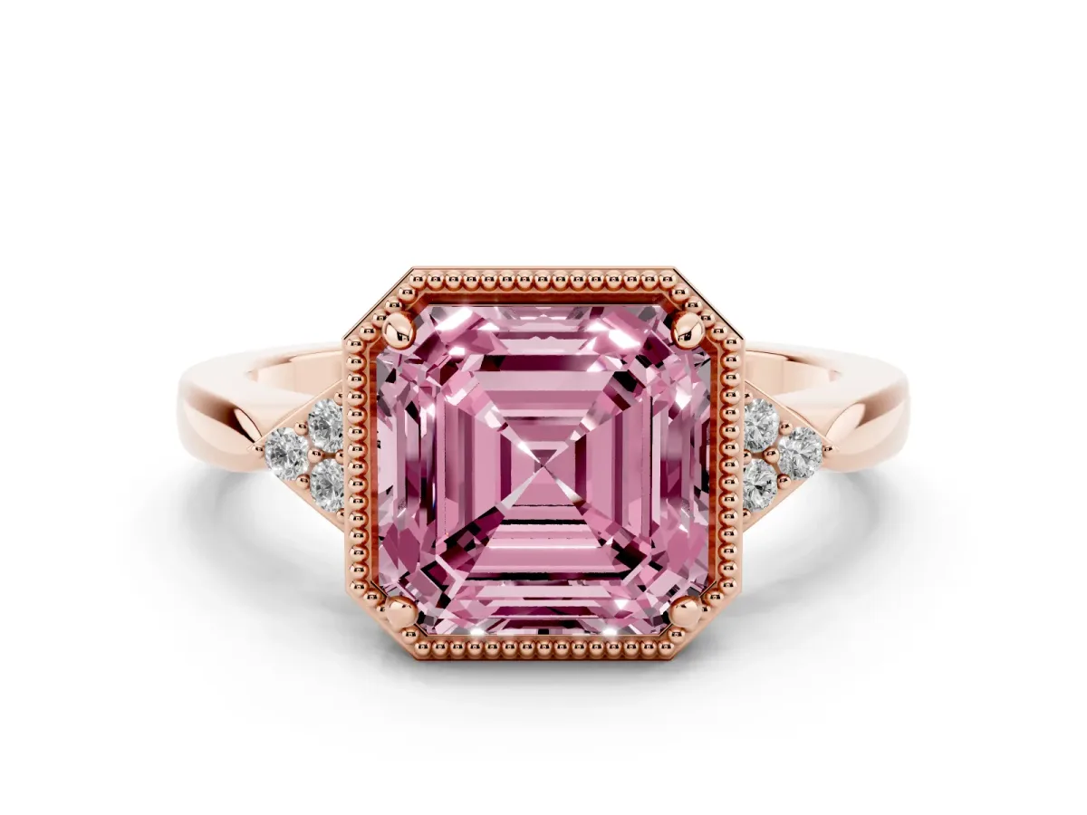 Fancy Pink Hexagonal Halo Asscher Cut Diamond Solitaire with Pavé Band and Four-Prong Setting Rose gold